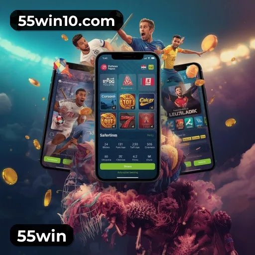 App 55win para iOS e Android — interface mobile, login biométrico e PIX integrado